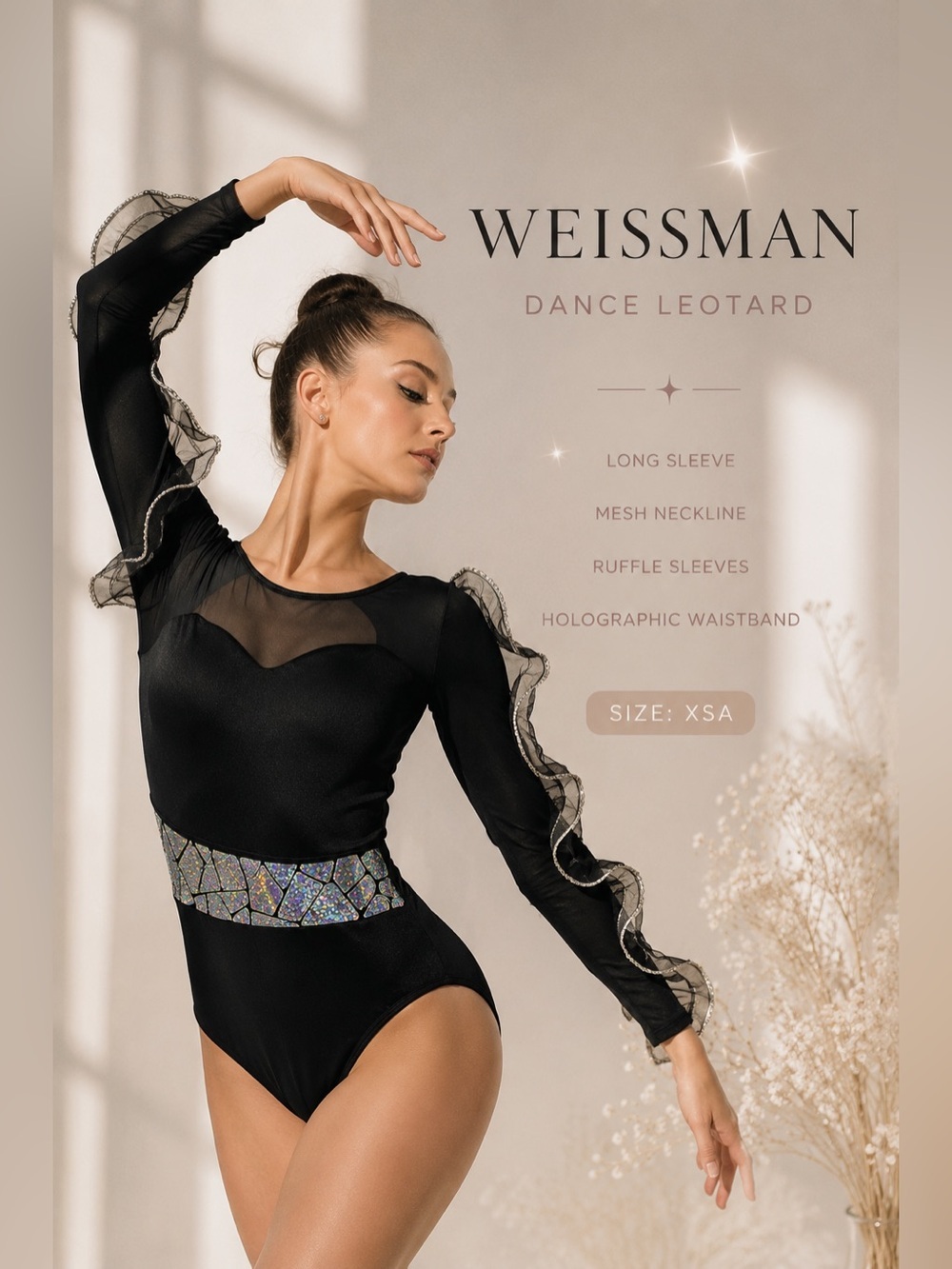 Weissman Black Long Sleeve Dance Leotard Costume Holographic Waist XS Adult (XSA